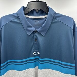 Oakley Regular Fit Mens Sz 2XL Blue Gray White Stripe Performance Polo Shirt